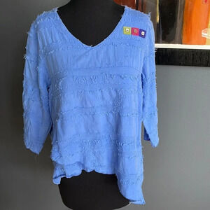 Lulu-B blue fringed embroidered appliqué button accent asymmetrical hem top. Sm